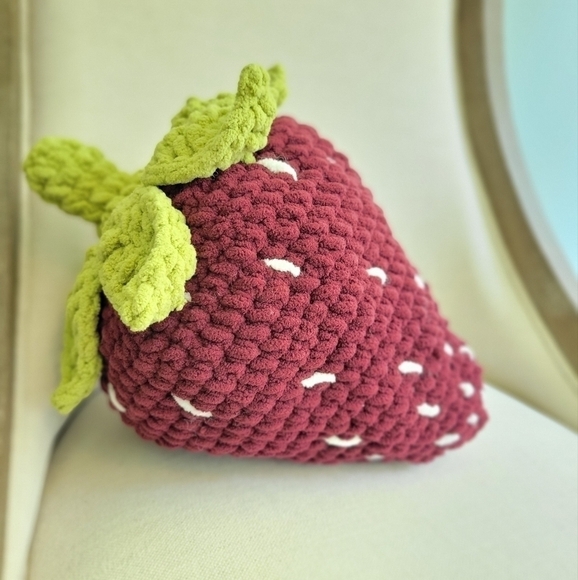 New Handmade Deep Red Crochet Strawberry Plushie Pillow - Picture 5 of 5